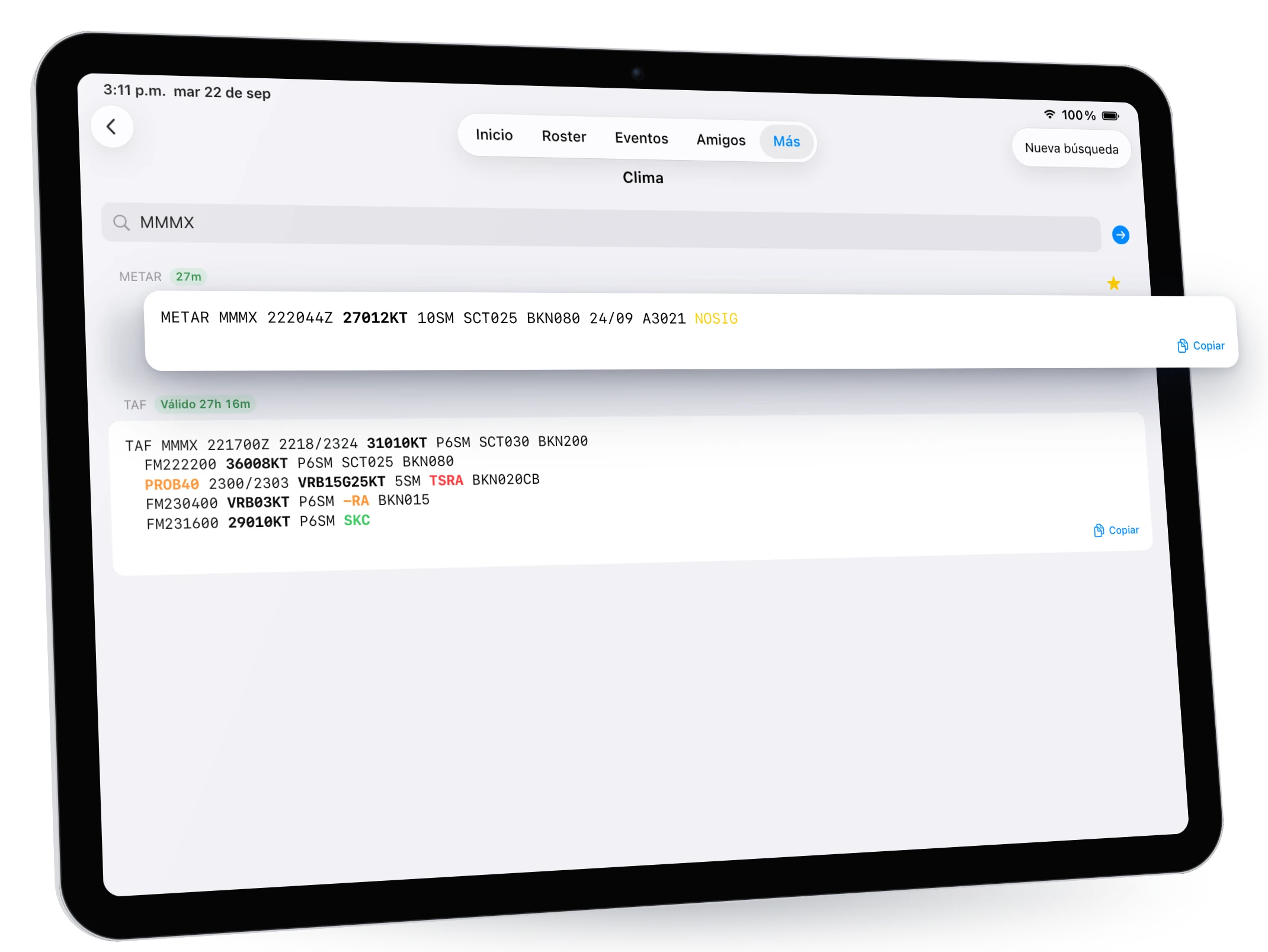 METAR y TAF de MMMX en RosterLog para iPad