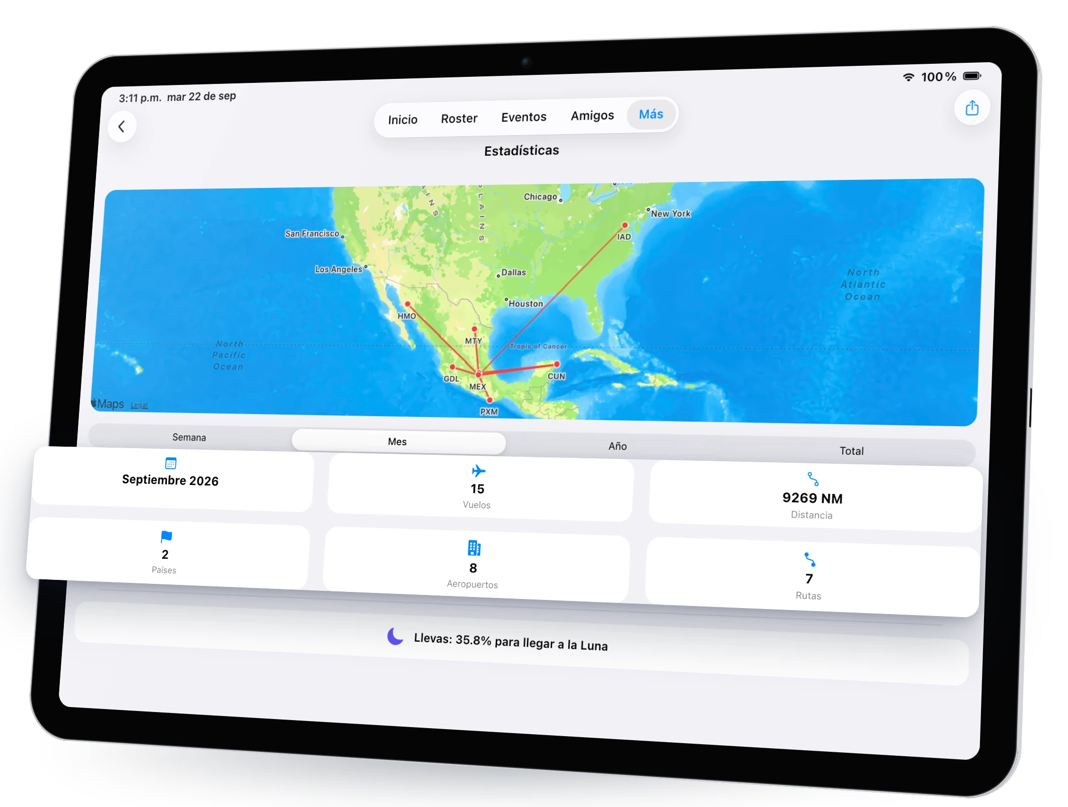 Estadísticas en iPad: mapa de rutas, vuelos, distancia, países y aeropuertos
