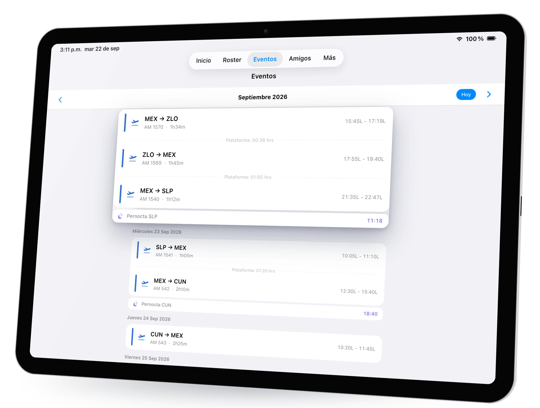 Eventos de la semana en RosterLog para iPad: vuelos, plataforma y pernoctas