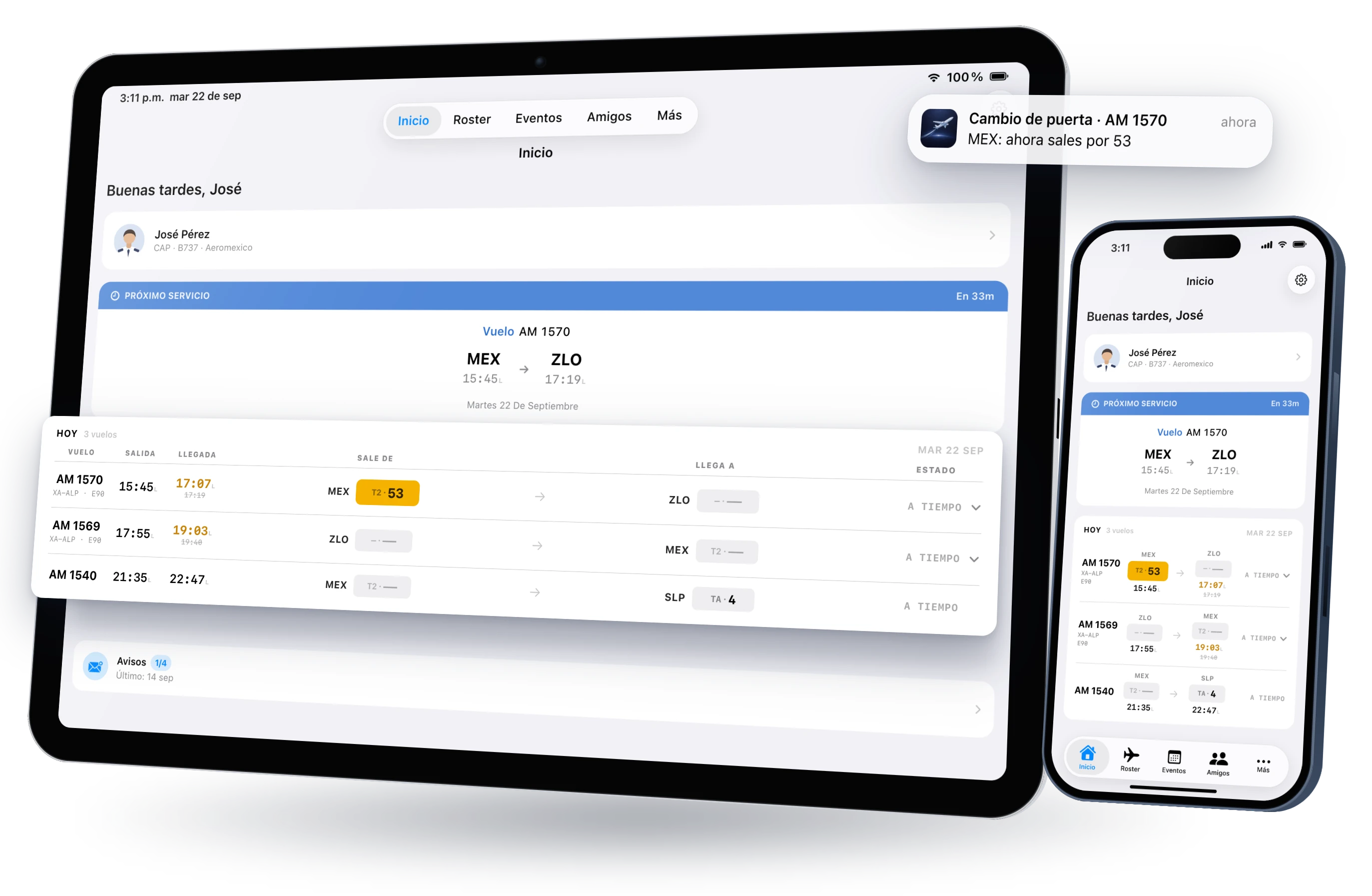 RosterLog en iPad y iPhone: Inicio con tu próximo servicio, el tablero de vuelos de hoy con puertas y el aviso de cambio de puerta