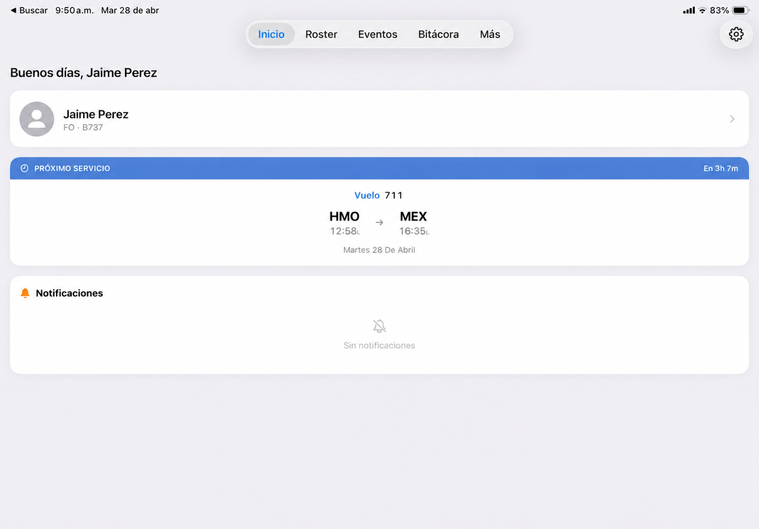 Pantalla de inicio de RosterLog en iPad