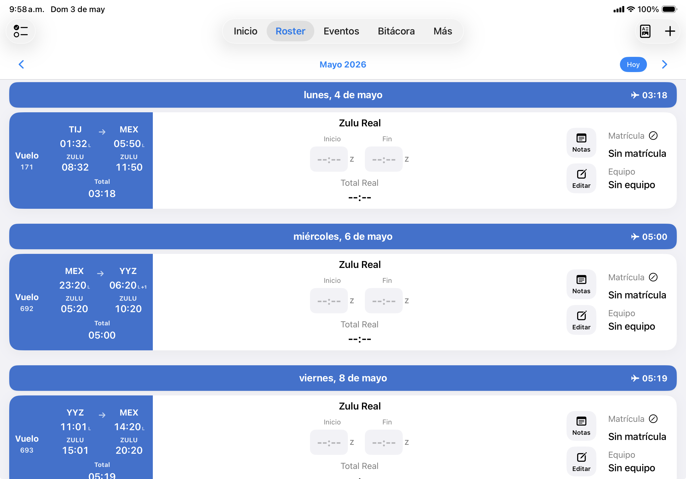 Roster del piloto en RosterLog